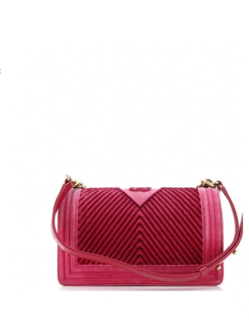 Chanel Boy Flap Bag in pink velvet with chevron quilting and gold-tone hardware.